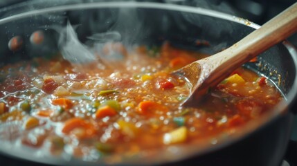 Close-up of a wooden spoon stirring a pot of homemade soup simmering on a stove