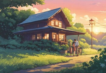 illustration of a boy falling in love with a girl. cartoon and anime style