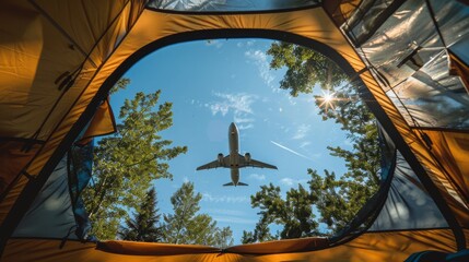 Interior of a camping tent with a clear sky visible outside, an airplane passing overhead, emphasizing a clean and tranquil outdoor experience