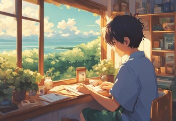 illustration of a boy falling in love with a girl. cartoon and anime style