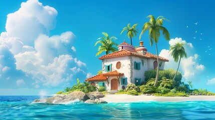 Fototapeta premium A house on an island in the middle of the sea, surrounded by palm trees and tropical plants, with a blue sky and white clouds overhead. 