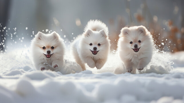 Three white pomeranian puppies playing in the snow