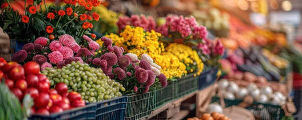 Local market with colorful flowers and fresh produce, lively and vibrant, bustling community hub, copy space for text.