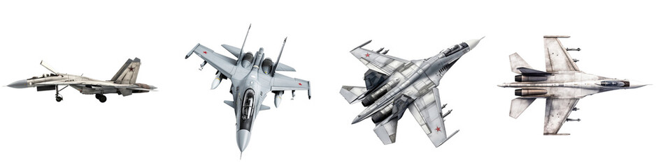 Su-30 Flanker-C isolated on transparent png background. Four different types of fighter jets are shown in a row