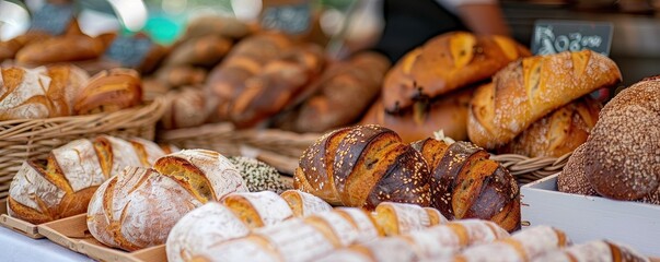 Artisanal bread and pastries at a local market, fresh and inviting, vibrant market scene, copy space for text.