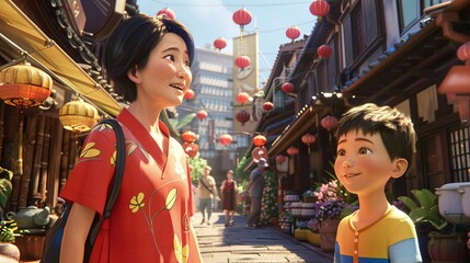 3D illustration of Asian family visiting relatives in another city