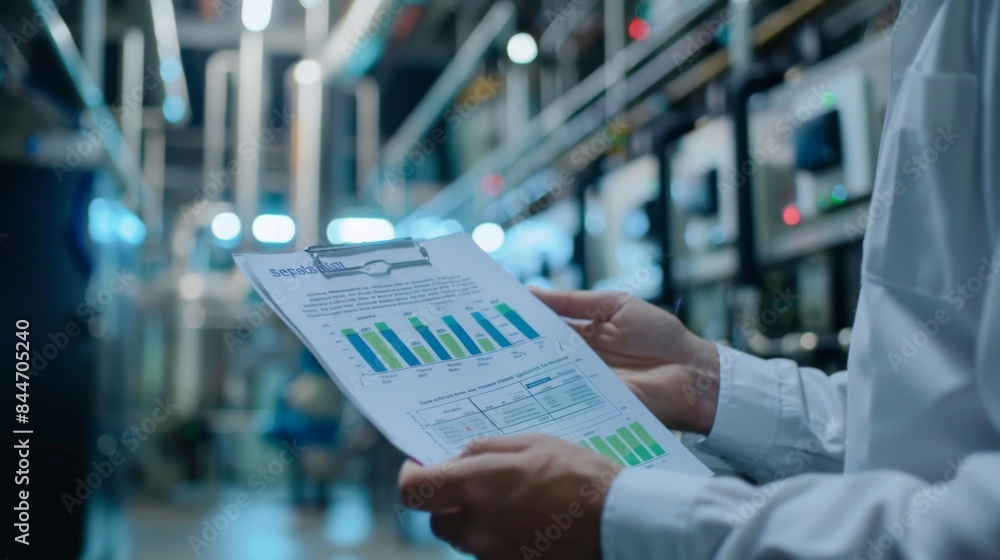 Fototapete close-up of hands holding a report with a bar chart showing energy consumption data in an environmen