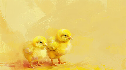 Two beautiful yellow baby chickens isolated on a yellow background in a full body shot.
