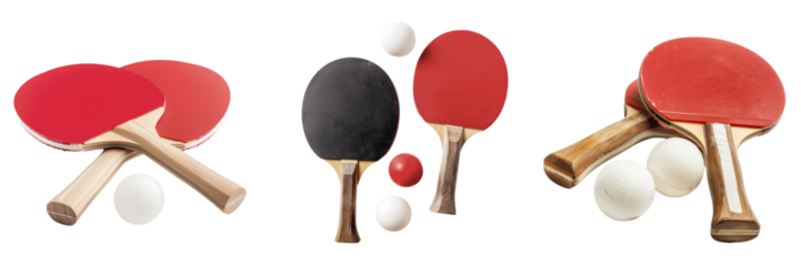 set of table tennis paddles and balls isolated on transparent background
