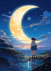 illustration of a lone person at night by moonlight in anime and cartoon style.