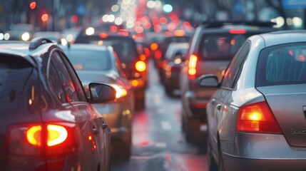 Close-up of traffic congestion on a crowded downtown street during rush hour