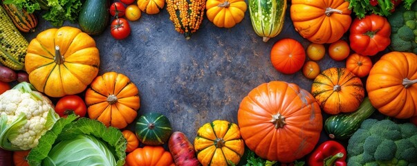 Colorful assortment of autumn vegetables, including pumpkins and squash, seasonal harvest, copy space for text.