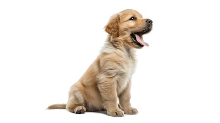 Obraz premium Charming three month old Golden Retriever puppy sitting sideways with open mouth and tongue out gazing away from the camera Dark brown eyes white background