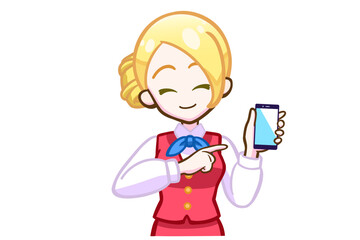 スマホを持ってニコニコする金髪女性