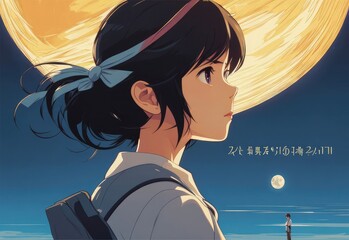 illustration of a lone person at night by moonlight in anime and cartoon style.