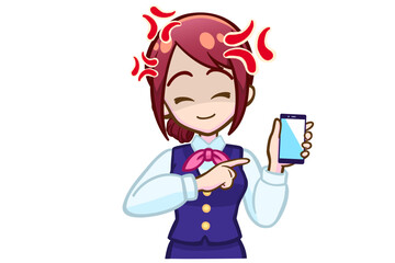 スマホを持って怒る笑顔の赤髪女性