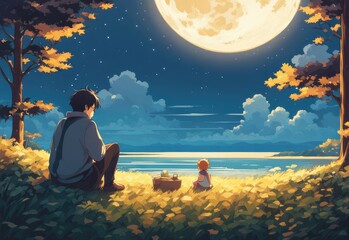 illustration of a lone person at night by moonlight in anime and cartoon style.