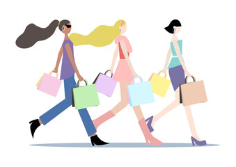 group of girls side walking go shopping together while carrying shopping bags and wearing colorful fashion clothes vector.