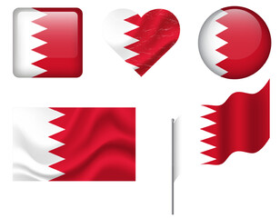 Obraz premium Bahrain flag set of icons. Vector flag of Bahrain, symbol. Set of Bahrain flags button, waved, heart.