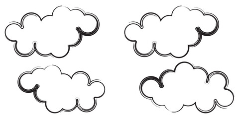 Cloud Vector Set. Sketch Flat Cartoon Style. Line Abstract Elements, Cloudy Collection. Different Contour Clouds Sky. Symbol For Design, Isolated On Transparent Background.