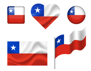 Naklejka premium Chile flag set of icons. Vector flag of Chile, symbol. Set of Chile flags button, waved, heart.
