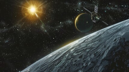 An illustration of a spacecraft approaching a distant exoplanet in a distant star system, highlighting humanity's quest to discover habitable worlds beyond our 