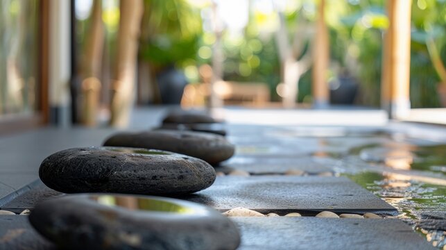 Blurred hot stones arranged in a peaceful setting evoking a sense of serenity and promoting the idea of deep relaxation and rejuvenation through the use of heated stones. .
