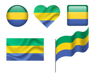 Gabon flag set of icons. Vector flag of Gabon, symbol. Set of Gabon flags button, waved, heart.