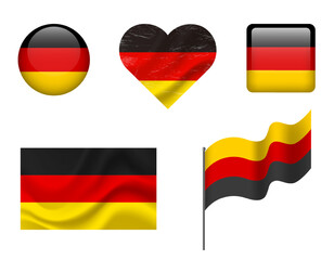 Germany flag set of icons. Vector flag of Germany, symbol. Set of German flags - button, waved, heart.