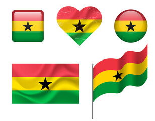 Ghana flag set of icons. Vector flag of Ghana, symbol. Set of Ghana flags button, waved, heart.