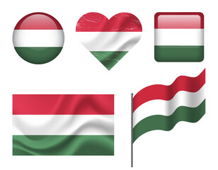 Obraz premium Hungary flag set of icons. Vector flag of Hungary, symbol. Set of hungarian flags - button, waved, heart.