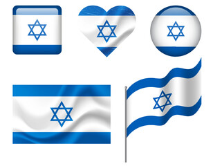 Israel flag set of icons. Vector flag of Israel, symbol. Set of Israel flags button, waved, heart.