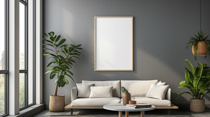 Frame mockup, ISO A paper size. Living room wall poster mockup. Interior mockup with house background. Modern interior design. 3D render