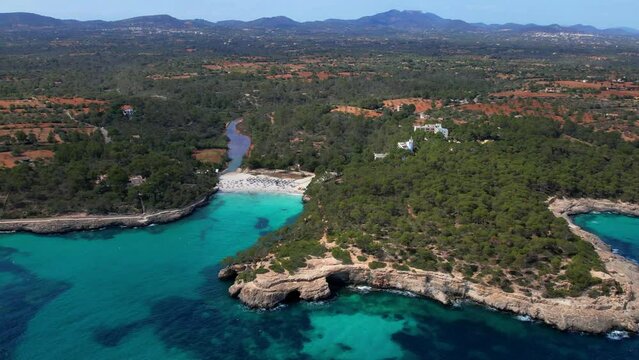 Mallorca island best beaches, Beautiful SAmarador, park Mondrago near Santanyi. aerial drone 4HD video. Spain travel 