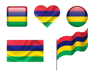 Mauritius flag set of icons. Vector flag of Mauritius, symbol. Set of Mauritius flags button, waved, heart.