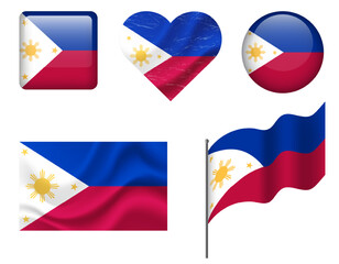 Philippines flag set of icons. Vector flag of Philippines, symbol. Set of Philippines flags button, waved, heart.