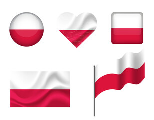 Poland flag - set of icons. Vector flag of Poland, symbol. Set of Polish flags - button, waved, heart.