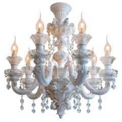 Elegant white chandelier with intricate designs and glowing candles, perfect for adding a touch of luxury to any setting.