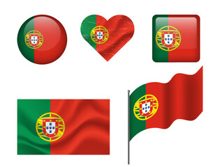 Fototapeta premium Portugal flag - set of icons. Vector flag of Portugal, symbol. Set of Portugal flags - button, waved, heart.