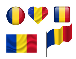 Fototapeta premium Romania flag - set of icons. Vector flag of Romania, symbol. Set of romanian flags - button, waved, heart.