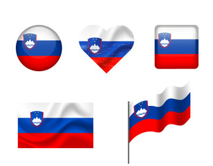 Slovenia flag - set of icons. Vector flag of Slovenia, symbol. Set of Slovenian flags - button, waved, heart.
