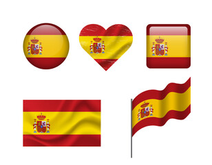 Obraz premium Spain flag - set of icons. Vector flag of Spain, symbol. Set of spanish flags - button, waved, heart.