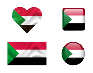 Sudan flag set of icons. Vector flag of Sudan, symbol. Set of Sudan flags button, waved, heart.