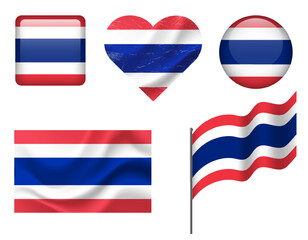 Thailand flag set of icons. Vector flag of Thailand, symbol. Set of Thai flags button, waved, heart.