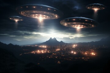 Futuristic Ufos Hovering Above Illuminated