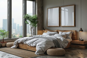 Cozy modern bedroom beige tones soft bedding minimalist decor three framed artworks above bed warm natural lighting