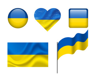 Ukraine flag set of icons. Vector flag of Ukraine, symbol. Set of ukrainian flags button, waved, heart.