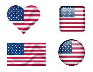 USA flag set of icons. Vector flag of America, symbol. Set of american flags button, waved, heart.