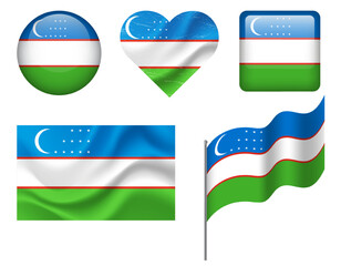 Uzbekistan flag set of icons. Vector flag of Uzbekistan, symbol. Set of Uzbekistan flags button, waved, heart.