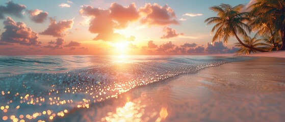 A tranquil beach scene with crystal clear waters and a picturesque sunset in the background.